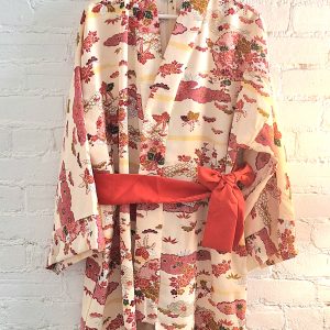 Kimono Jacket (Short Robe) made of Japanese Vintage Kimono Fabric relaxing home wear or beach gown with belt one size upcycling