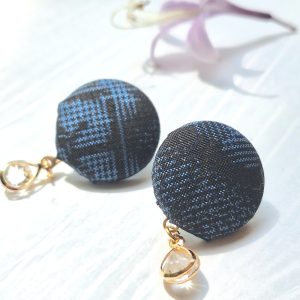 Kimono Fabric Button Earrings with Glass Bead – Handmade Japanese Style Studs, 22mm