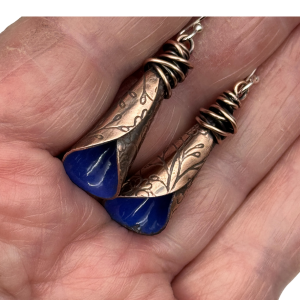 Yacht Blue Calla Lily Earrings - Copper & Enamel Floral Dangles