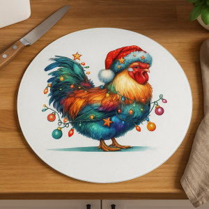 Festive Farmyard Rooster – Glass Cutting Board