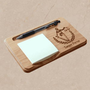 Carved Wooden Lady of Justice Sticky Note Holder: Personalized Notepad & Pen Organizer