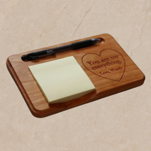 Carved Wooden Heart Shape Sticky Note Holder: Personalized Notepad & Pen Organizer