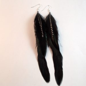 natural feather earrings raven black with grizzly