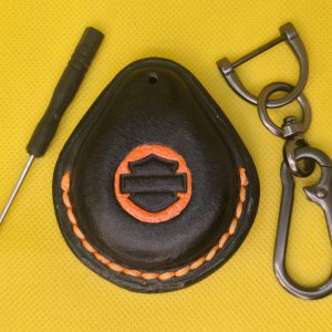 Black Premium Veg-tan Leather Harley Davidson Key Fob Case with Orange Stitching