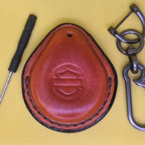 Orange Premium Veg-tan Leather Harley Davidson Key Fob Case with black edging and Stitching