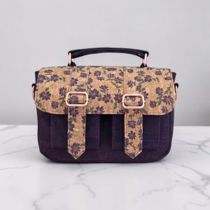 Eggplant color with accent purple flower cork fabric, rose gold hardware, minimalist bag.