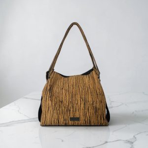 Slouchy Cork Bag with Black Faux Leather, Divided Compartment, Antique Brass Hardware