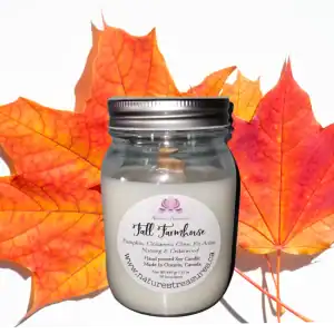 Fall Farmhouse Soy Wax Candle - Mason Jar 80+ Hours Burn Time - Wooden Wick