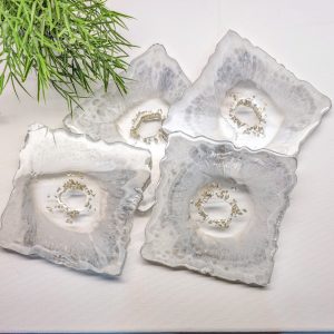 Silver, Grey & White Geometric Coasters – Handmade Elegant Home Decor(Set of 4, STD shipping included)