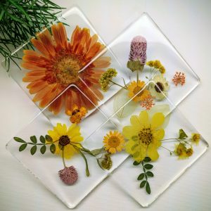 Vibrant orange and yellow handmade pressed flower coasters (Set of 4, STD shipping included)