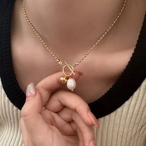 18k Gold Plated Pearl & Charm Toggle Necklace | Tarnish-Free Stainless Steel