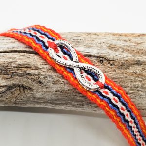 Handmade Metis Sash Bracelet with Silver Infinity Symbol - Adjustable Alpaca Wool, Red Aboriginal Design