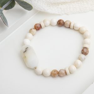 Boho Bracelet with Mexican Morado Opal, Freshwater Pearls, White Opal Gemstone & Wooden Beads