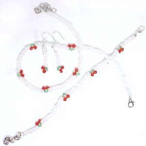 Cherry Beaded Jewelry Set - Necklace, Bracelet & Earrings