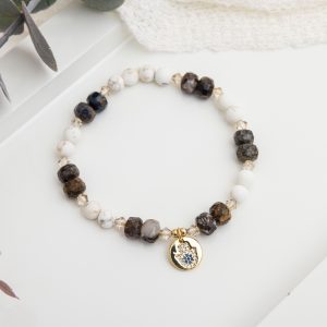 Matte Magnesite and African Pietersite Bracelet with Gold Swarovski Hamsa Charm