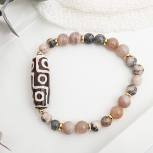Vibrant Pink Zebra Jasper and Sunstone Healing Bracelet with Tibetan Gemstone