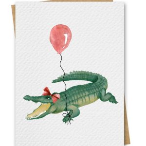 Watercolour Alligator With Red Balloon Birthday Card