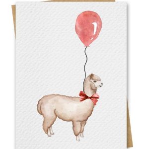 Watercolour Llama With Red Balloon Birthday Card