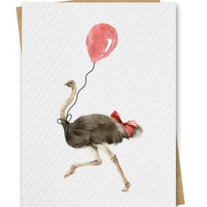Watercolour Ostrich With Red Balloon Birthday Card