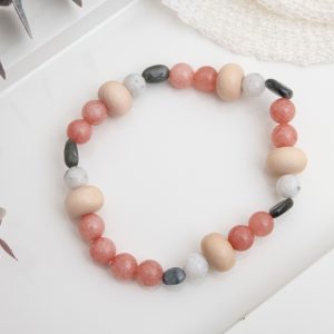Boho Crystal Bracelet – Rhodochrosite, Moonstone, Tiger Eye & Pink Wood Beads