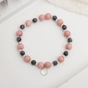 Rhodochrosite Bracelet with Black Moonstone and Ocean-Inspired Silver Charm