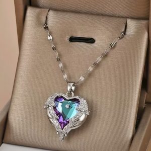 Angel Wings Heart Pendant Necklace with Blue Purple Crystal Accent