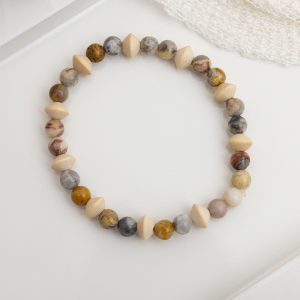 Handmade Crazy Lace Agate and Beige Wood Bracelet – Grounding Energy Stone Jewelry