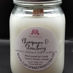 Champagne & Strawberries Wax Candle - Mason Jar 80+ Hours Burn Time - Wooden Wick