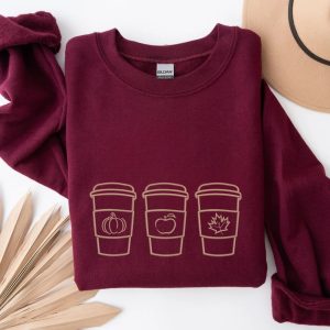 Fall Embroidered Sweatshirt | Cozy Autumn Crewneck with Three Coffee Icons