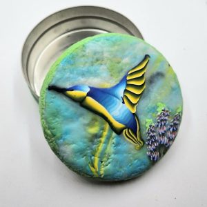 Humming Bird trinket tin, Decorative Tin With Lid, OOAK Gift, Unique Tin, Hand Decorated Storage Tin