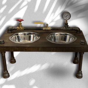 Unique steampunk style raised dog bowl feeder