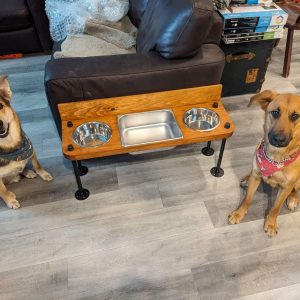 Raised water bin with 2 bowls on each end. Water Bin and Dual Feeder - tall dog bowl stand
