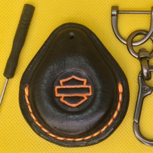 Black Premium Veg-tan Leather Harley Davidson Key Fob Case with Orange Logo and Stitching