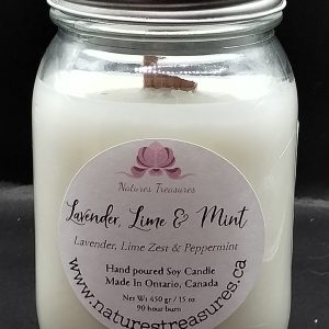 Lavender-Lime-Mint Wax Candle - Mason Jar 80+ Hours Burn Time - Wooden Wick
