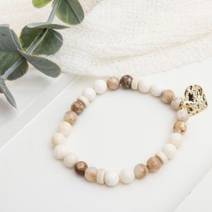 Boho Bracelet with Mexican Morado Opal, Pearls, White Wood Beads & Hammered Heart Charm