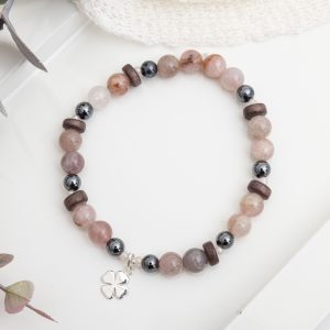 Madagascar Rose Quartz Bracelet with Hematite, Burgundy Wood & 925 Silver Clover Charm
