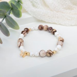 Australian Peanut Jasper & Magnesite Bracelet with 14K Gold Filled Corrugated Beads & Butterfly Charm