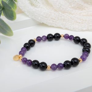 Amethyst & Black Onyx Bracelet with 14K Gold-Filled Sand Dollar Charm