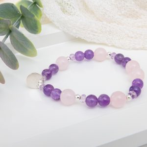 Rose Quartz & Amethyst Bracelet with Sterling Silver Disc