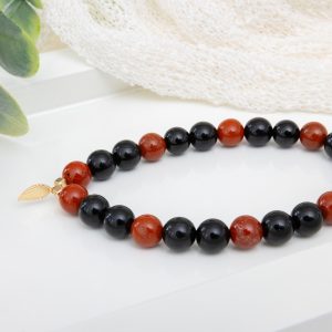 Red Jasper & Onyx Bracelet with 14K Gold-Filled Feather