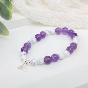 Howlite & Amethyst Stretch Bracelet — Sterling Silver Mermaid Tail