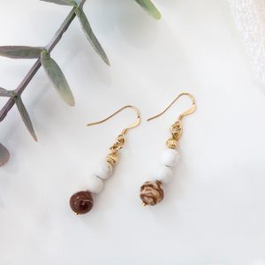 Matte White Magnesite & Australian Jasper Dangle Earrings — Corrugated 14K Gold-Filled Accents