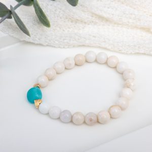 Freshwater Pearl Stretch Bracelet — Amazonite Center with Gold Heart Charms
