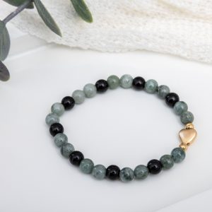 Green Jadeite & Black Onyx Bracelet — 14K Hammered Gold Spacers & Gold Hematite Hear