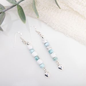 Howlite & Larimar Dangle Earrings — Sterling Silver Hearts