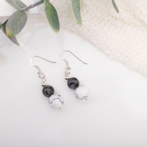 Howlite & Labradorite Dangle Earrings — Sterling Silver Beads & Hooks