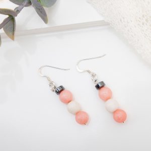 Rhodochrosite & Freshwater Pearl Dangle Earrings — Hematite Rondelles & Sterling Silver Hooks