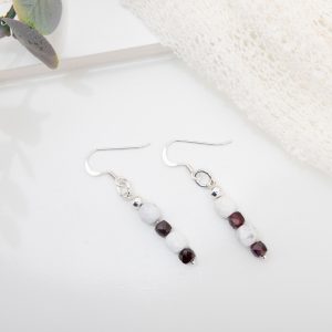 Faceted White Howlite & Garnet Cube Drop Earrings with Sterling Silver Beads