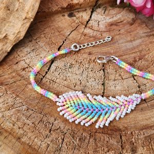 Handwoven Rainbow Feather Beaded Bracelet – Vibrant Pastel Seed Bead Charm with Silver Extender
