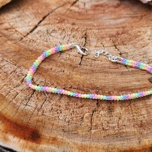 ​Pastel Rainbow Seed Bead Bracelet – Dainty Hand-Strung Summer Jewelry with Adjustable Silver Chain